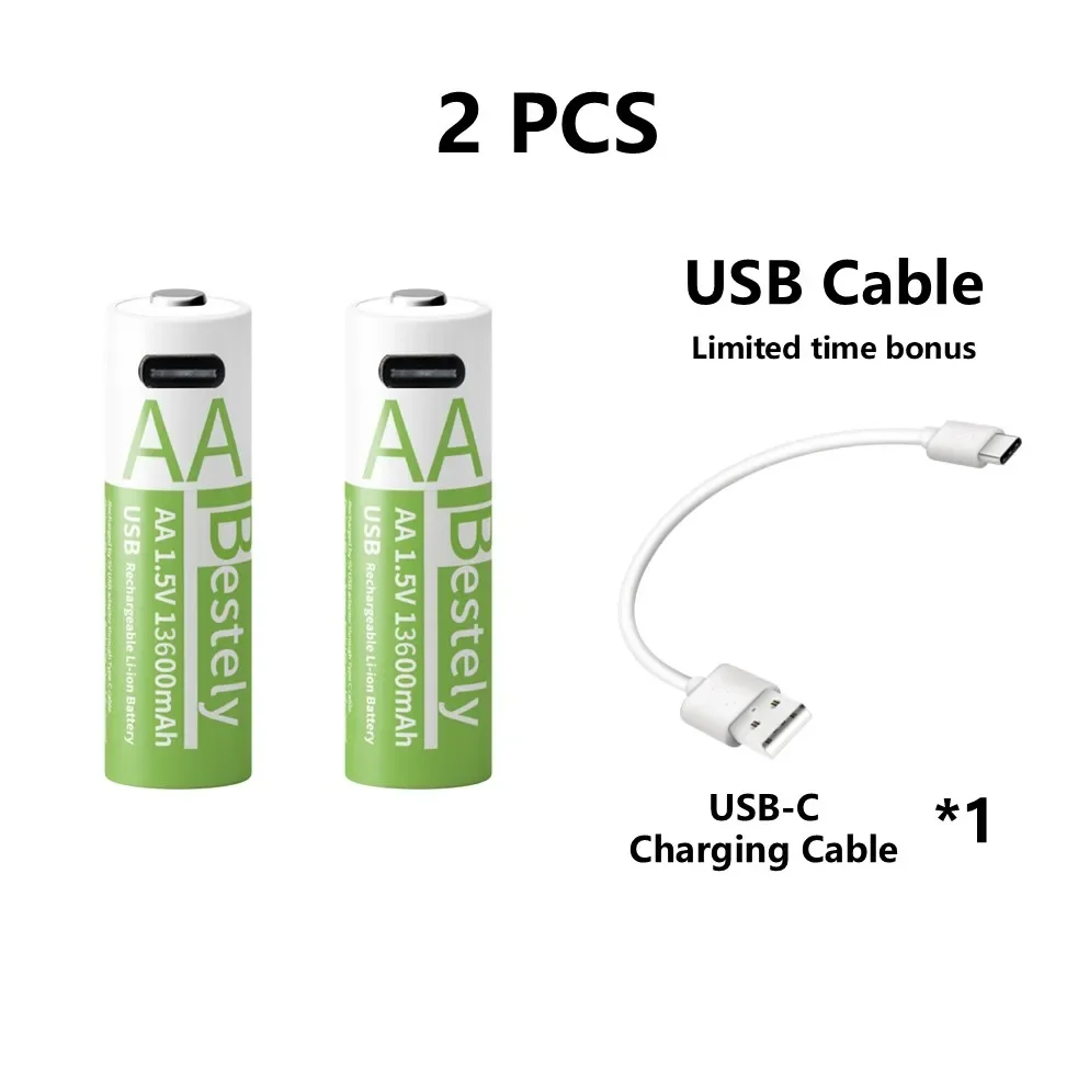1,5 V 13600 mAh AA-Batterie USB-C wiederaufladbar, Schnelllade-Lithiumbatterie mit kostenlosem Kabel, über 2000 Zyklen für Kameras, Spielzeug, Maus