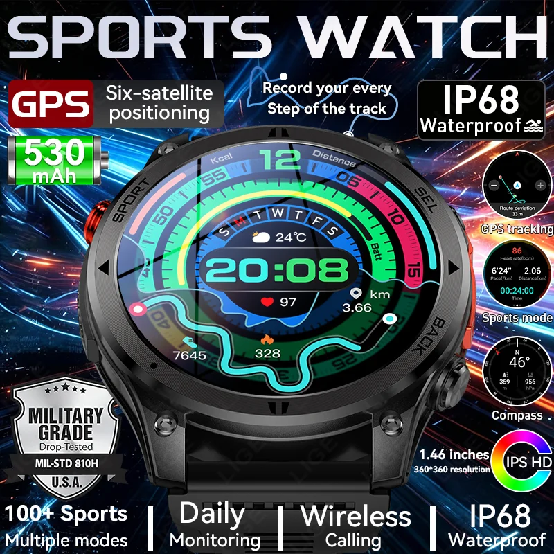 LIGE GPS Smartwatch 6 Satellite GPS Positioning 100+ Workout Modes Sport Fitness Compass 1.46