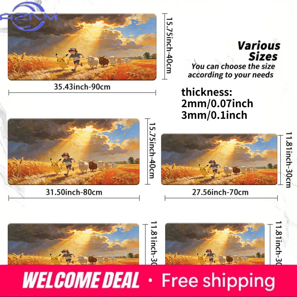 Large Oil Painting Style Ash Pikachu Mouse Pad with Golden Wheat Field Sunset Design Non-Slip Rubber Washable Gaming Desk Mat