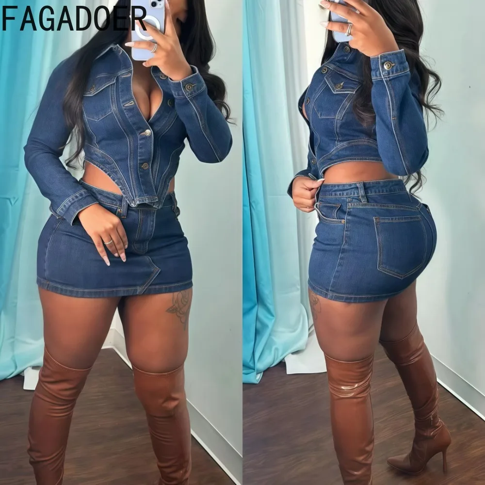 

FAGADOER Fashion Denim Two Piece Set For Women Buttons Pocket Irregular Patchwork Crop Jacket + Skirt Female Streetwear Clothing