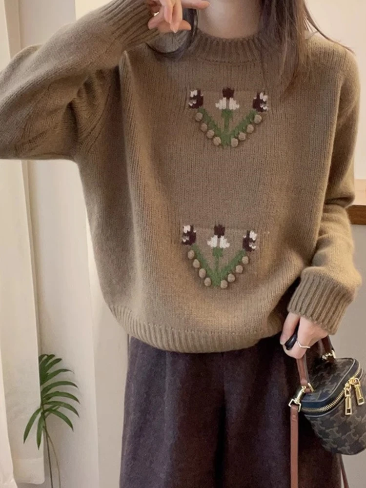 Zwaar borduurwerk bloemen wol gebreide trui herfst faion losse afslankbasis irt comfortabele zachte gezellige overhead trui