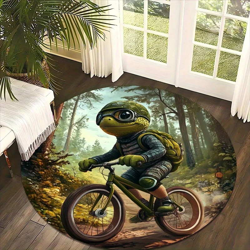 Interesting Turtle Bicycle Flannel-printed round floor mats are slip-resistant Suitable for room bedroom terrace garden carpets