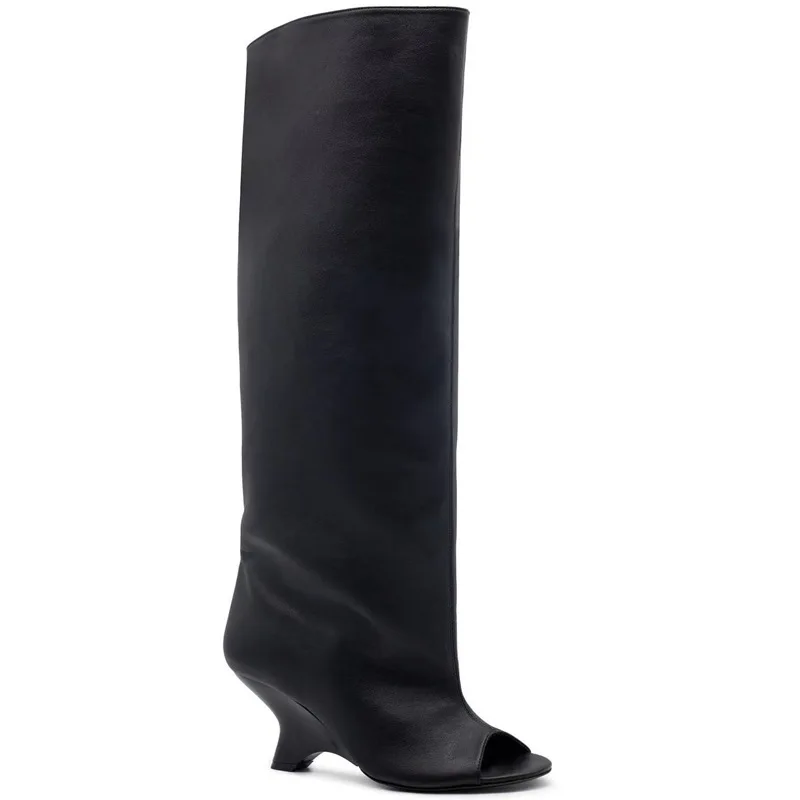 2025 New Peep Toe Long Boots Summer Thick High Heels Women's Knee Boots Large Size Shoes Ladies Slip-on Strange Heels Cool Boots