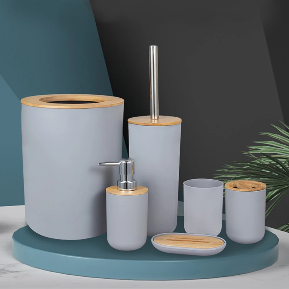 Toothbrush Cup Holder Lotion bottle Trash Can Soap Dispenser Box 6Pcs/Set Bathroom Storage Set Bamboo Plastic Toilet Brush