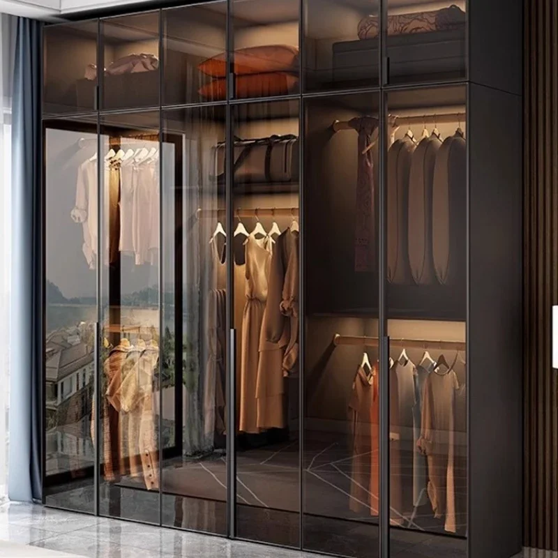 

Solid wood wardrobe bedroom household glass door L-shaped modern light luxury corner cloakroom storage cabinet combined wardrobe