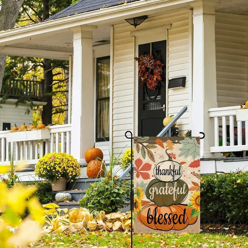 Welcome Fall Garden Flag 12.5 x 18 Inch Thankful Grateful Blessed Pumpkin Decorative House Yard Double Sided Flag for Autumn jjp