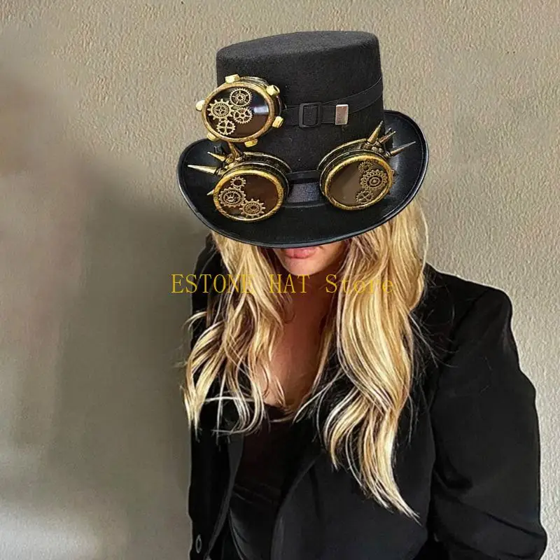 49MF Steampunk Top Hat with Goggles Halloween Metal Gear Decor Hat Gothic Cosplay Magician Hat Unisex Jazzs Hat