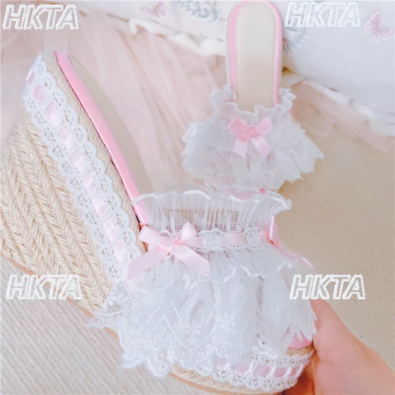 

Japanese Sweet Bow Original Lo Shoes Summer Sandals Braided Lace White Trim Height Increasing Peep Toe Grass Slippers Outdoor