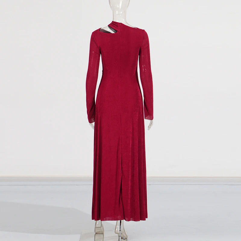 TWOTWINSTYLE Solid Spliced Folds Elegant Dresses For Women O Neck Long Sleeve High Waist Slimmming Chic Temperament Dress Female
