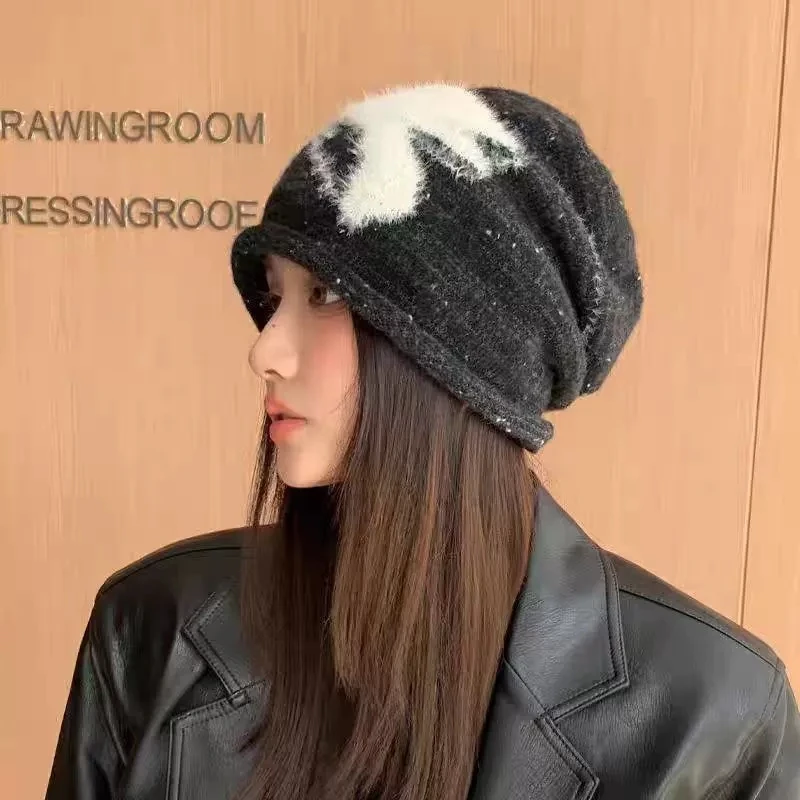 Women's Woolen Hat with Large Head Circumference Rolled Edge High-End Feel Autumn &Winter Bow-Knot Knitted Cold Hat Slouchy Hat