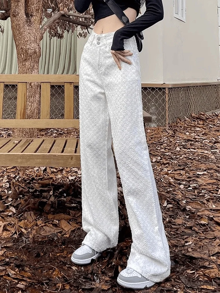 

Summer 2024 High Waist Wide Leg Jeans Floor-Length White Embroidered Slimming Design Casual Faion Women's Premium Denim