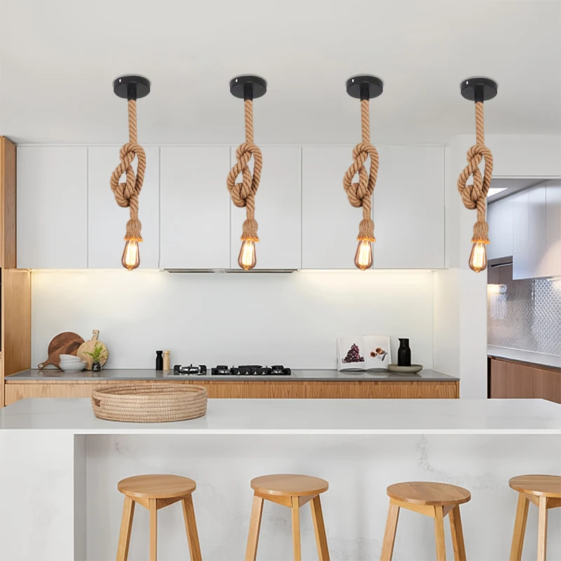 الريفية الرجعية حبل القنب الاستوائي E27 قلادة ضوء مطعم المطبخ منصة مشروبات الممر السرير تركيبات إضاءة الحمام