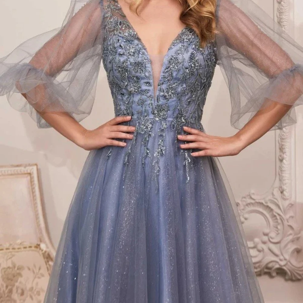 Vestido fu céu azul elegante vestidos de noite tule para até o chão com decote em v sem costas vestido de baile linha a apliques personalizados
