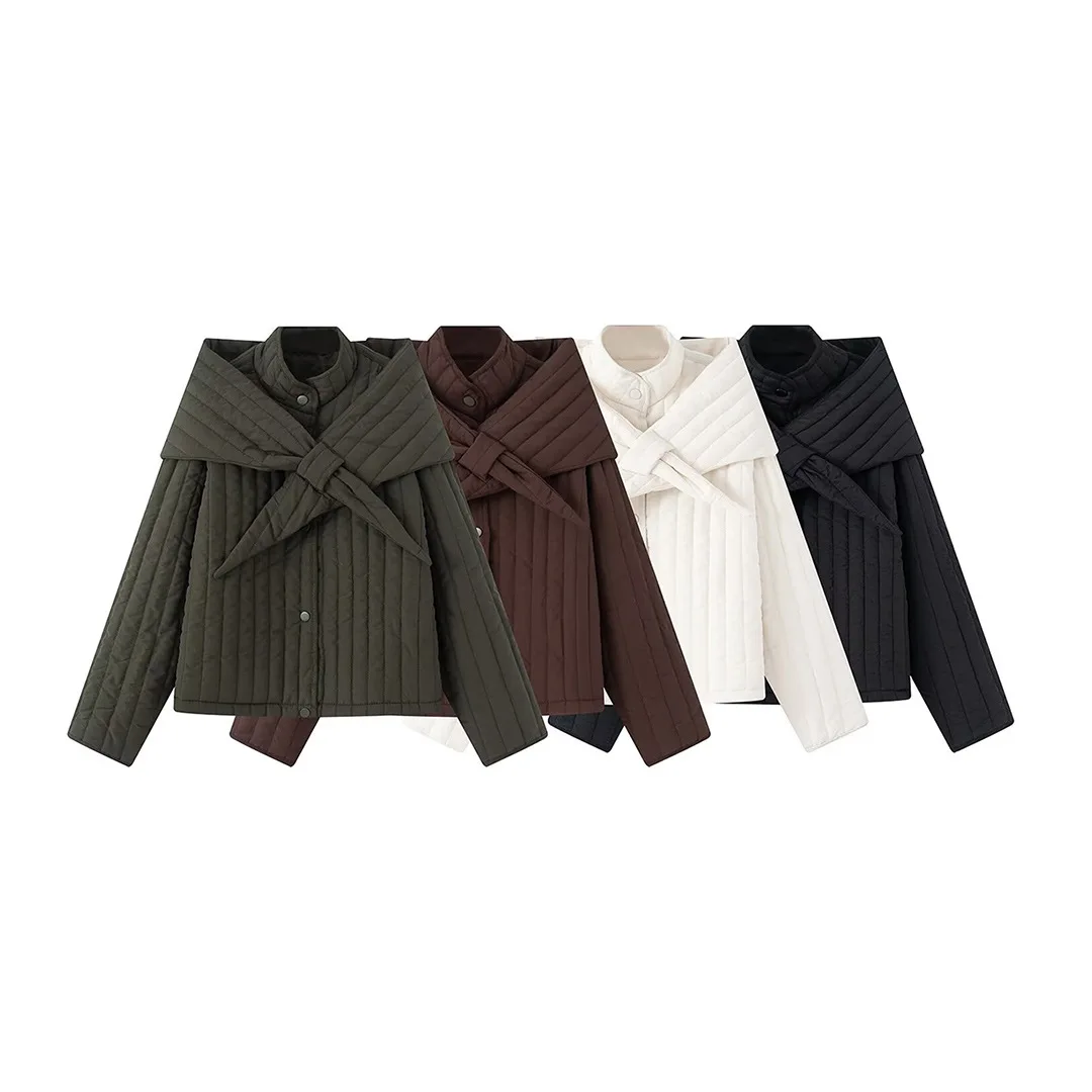 

Autumn Women's Fashion Simple Stand Collar Cotton Jacket with Detachable Scarf Elegant Long Sleeve Single-Breasted Loose Coat