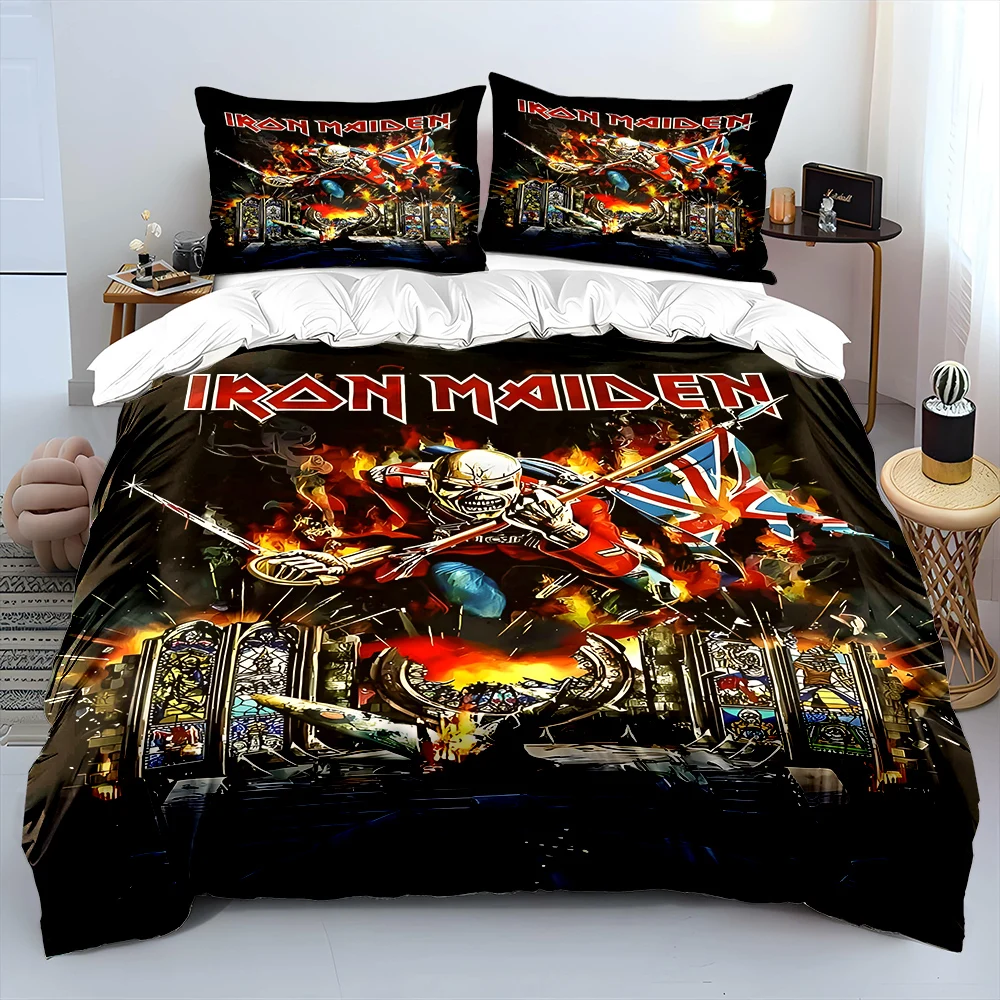 3PCS Fashion Rock 1R0n M-Ma1den Print Bedding Set 1 Duvet Cover 2 Pillowcases for Adult and Children Luxury Gift Full Size
