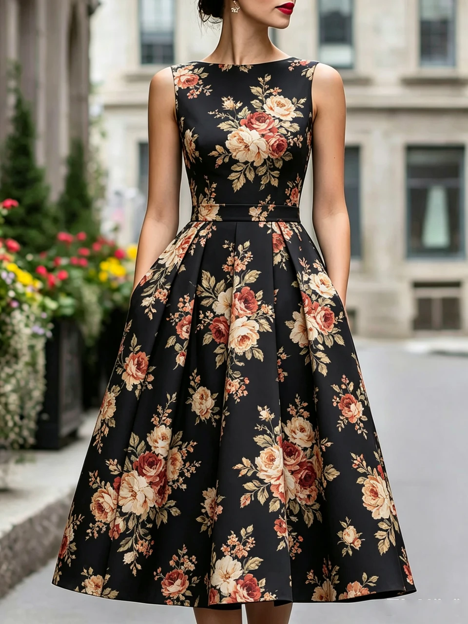 

Summer Black Vintage Rose Floral Print Sleeveless Midi Cocktail Dress Women A-Line O Neck Wedding Guest Party Vestidos