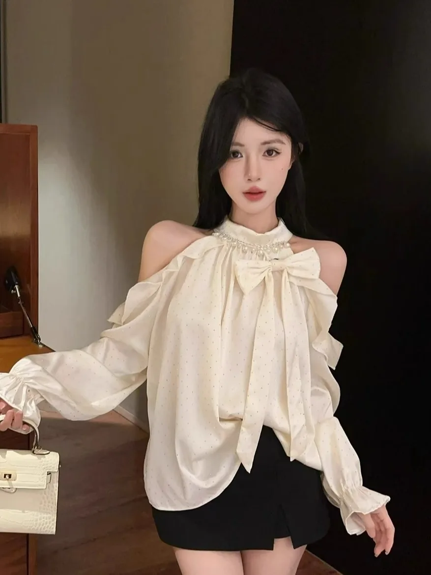 

Elegant Shawl Collar Sequin Embellished Shoulder Bared Chiffon Shirt High Fashion Ladylike Style Spring Summer Trend Set