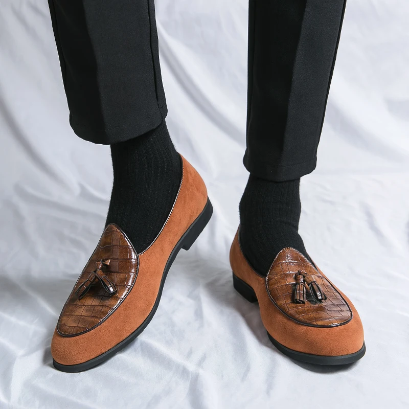 Leather splicing flow Su loafers men's slip-on set bean shoes British retro simple trend casual shoes 47 48 large size