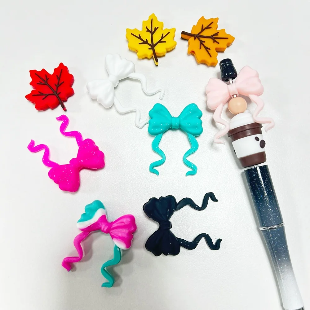 6/60pcs Hot Curly Bow Maple Leaf Beads Autumn Fall Wavy Ribbon Bow Silicone Focal Beads DIY Pen Beads Jewelry Making Accessories