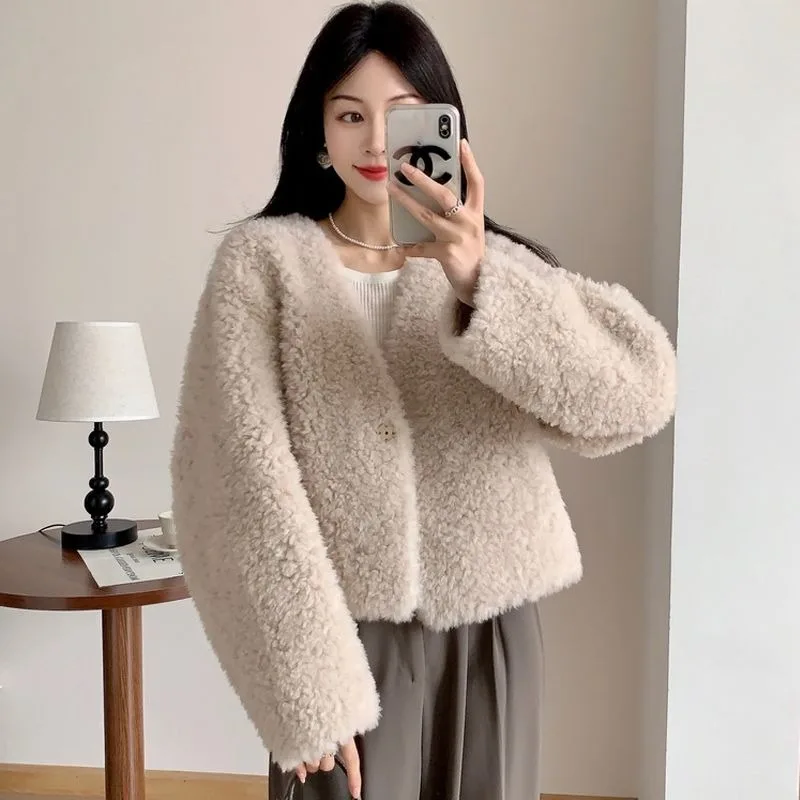 Women's Faux Fur Coat Fairy Fall Winter Coat Lamb's Wool Thicken Warm Short V-neck Simple Brand Fashion Harajuku Versatile