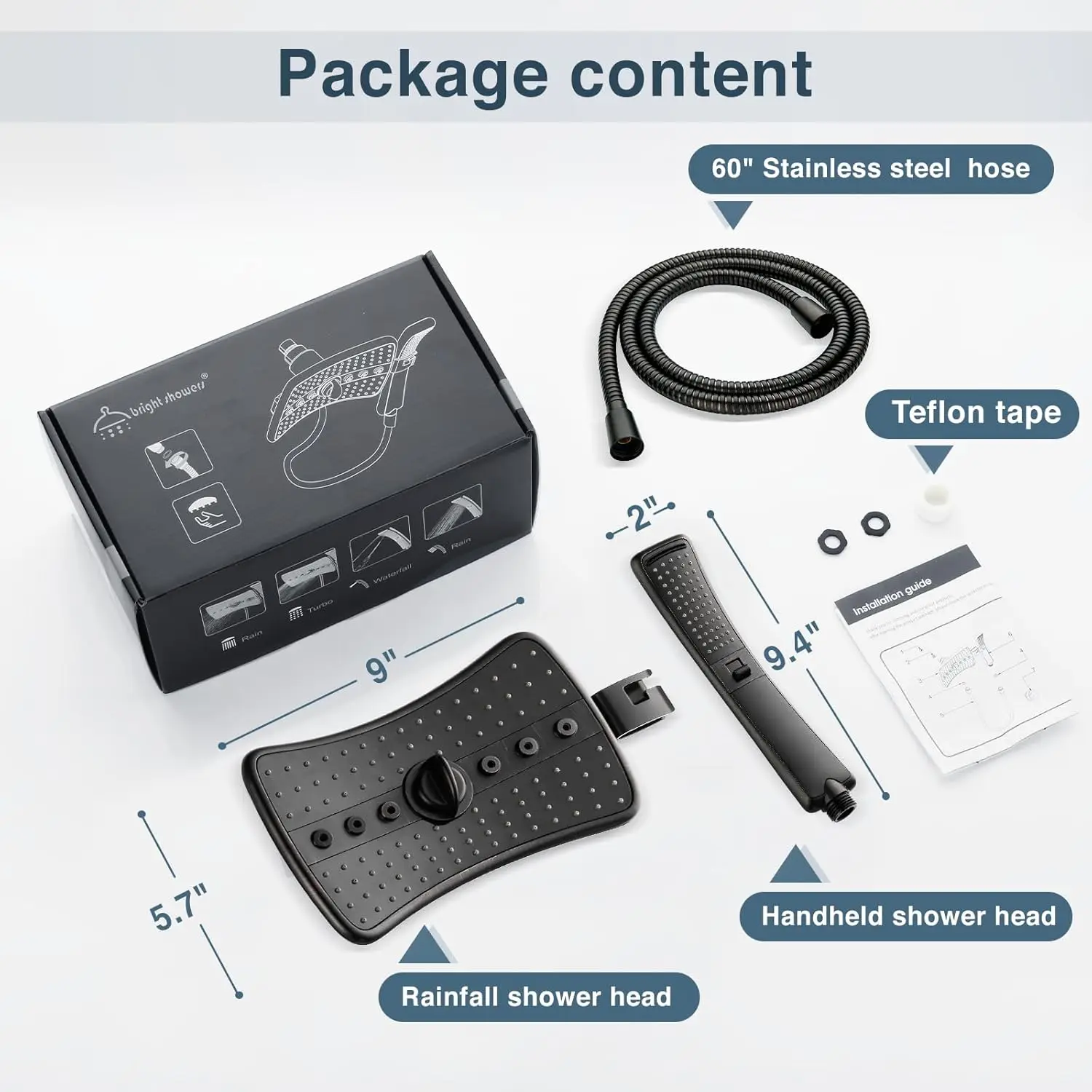 مجموعة رأس دش مزدوجة الضغط العالي مع رذاذ الأمطار، محمولة قابلة للفصل، خرطوم من الفولاذ المقاوم للصدأ مقاس 60 بوصة للعائلات والحيوانات الأليفة
