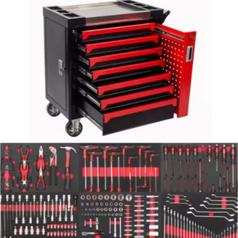 

Heavy Duty Red Steel Seven Drawer Lockable Tool Set Iron Toolbox For Auto Repair Workshop Rolling Storage