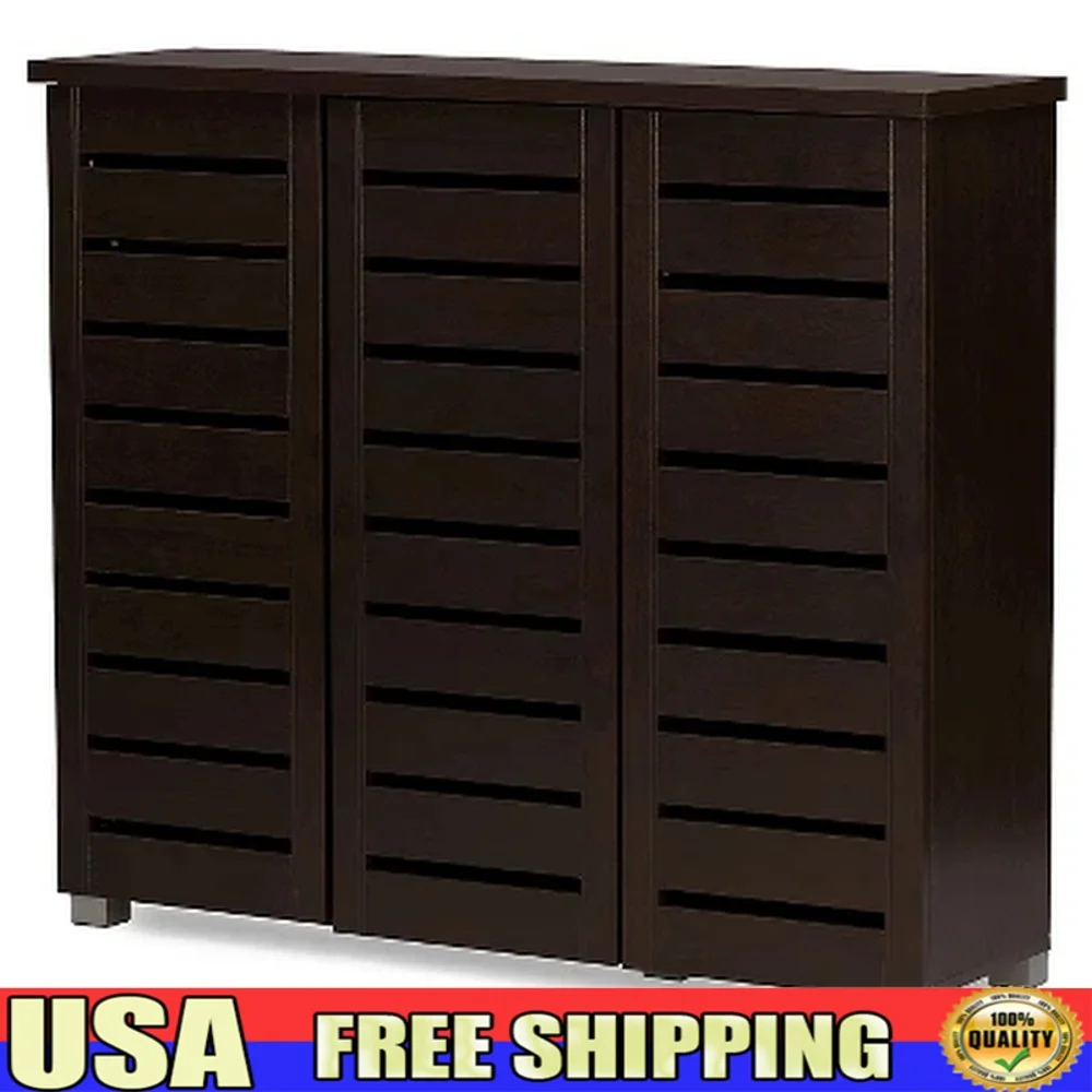 

Modern 3-Door Wooden Shoe Storage Cabinet Organizer 20 Pairs with Slatted Doors and Ventilation Hallway Use