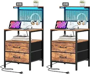 

Tall Nightstand Set 2 with Charging Station and LED Lights, Large Night Stands with 2 abric Ders, Bede Table with Storage Shelve