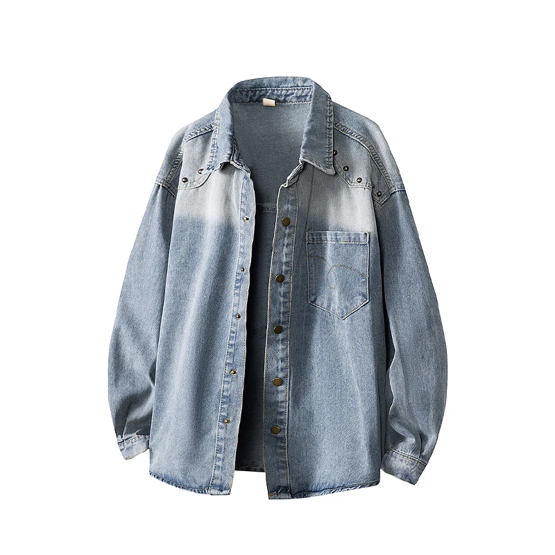 

Men Blue Denim Jacket Spring Autumn New American Retro Rivet High Street Loose Coats Popular Versatile Solid Pocket Lapel Tops