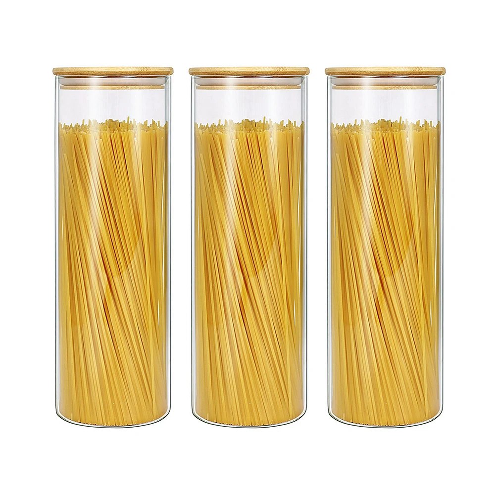 3 Pieces 2100ML Large Glass Storage Jar Italian Pasta Noodels Storage Jars Bamboo Cover, Kitchen Seasoning Grain Storage Tank