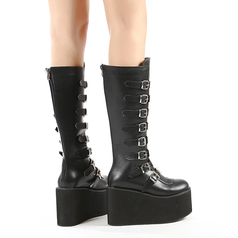 Big Size 43 Black Gothic Motorcycle Boots Zip High Heel Punk Rivets Chunky Platform Mid-Calf Women Boots Shoes Women image 3