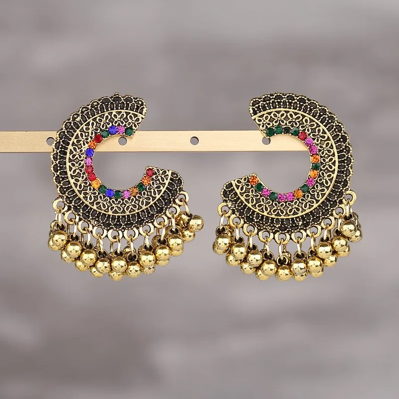 Ethnic Colorful Zircon Indian Jhumka Earrings For Women Pendientes Fashion Jewelry Retro Alloy Tassel Semicircle Ladies Earrings