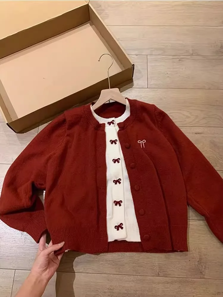 

Autumn Winter Red Knot Fake Two-Piece Open Cardigan Sweater Women Loose Lazy Sle Knittedwear Korean Sle
