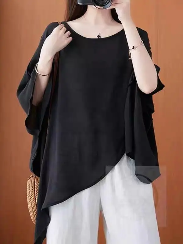 

Chic Chinese Style Loose Fit round Neck T-Shirt Women's Summer New Batwing Sleeve Cover up Top Slimming Sun Protection Trendy