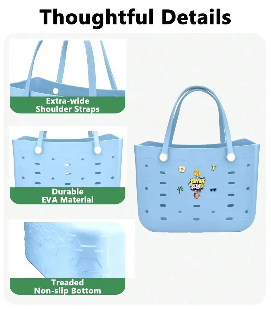 Beach Bag Fashion EVA Waterproof Rubber Picnic Storage Basket Travel Shopping Handbag Women Shoulder Solid Color Tote Bag image 5