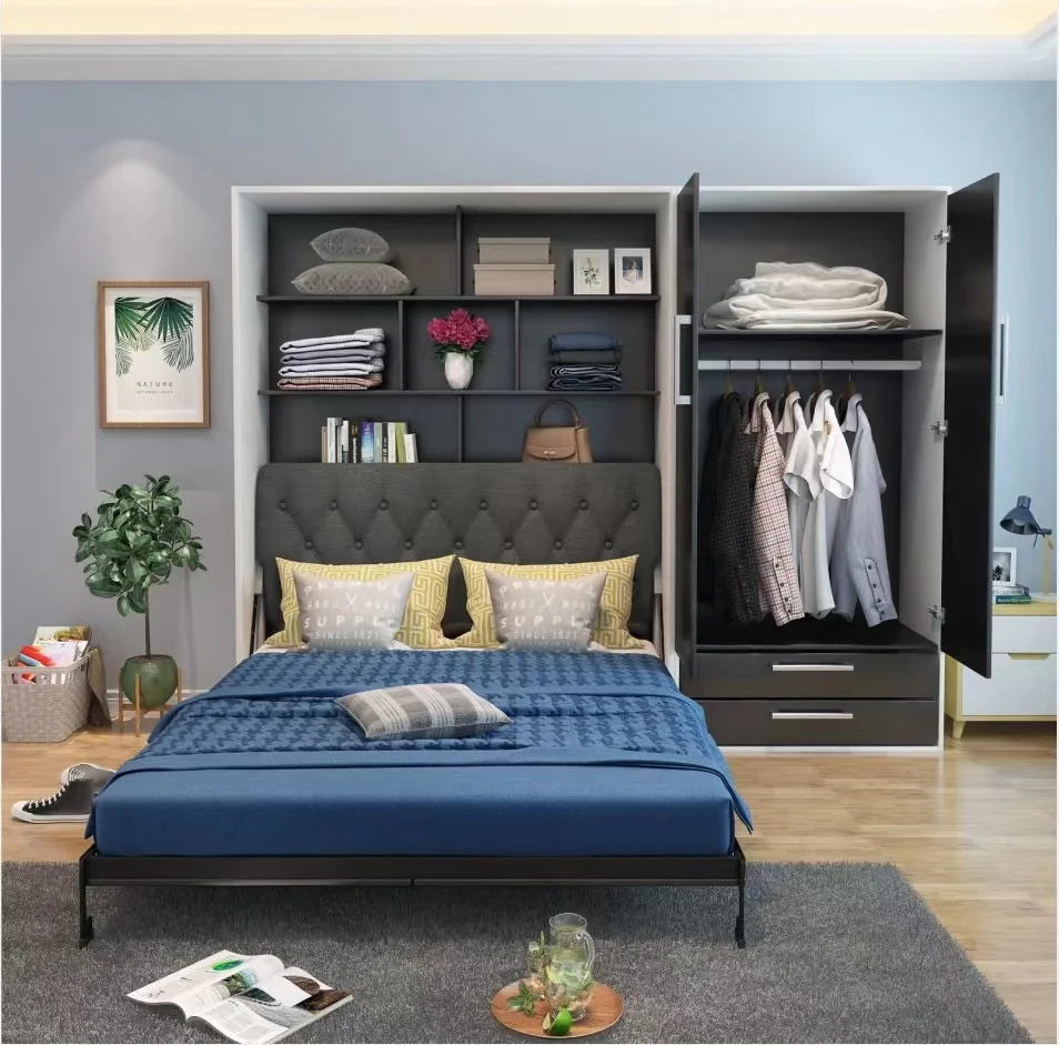Vertical Tilting Double Size Saving Place Home Use Wall Bed Murphy Bed One Piece With Wardrobes Surroundings