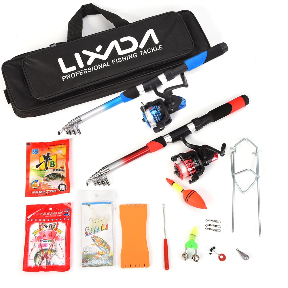 Lixada Ultralight Fishing Rod Reel Combo Full Kit with 2PCS 2.1m Telescopic Fishing Rod 2PCS Spinning Reels Fishing Lures Hooks