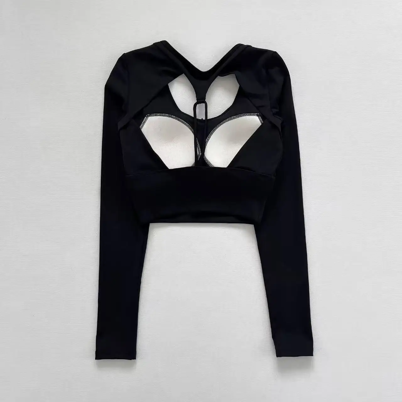 Sexy sem costas yoga wear feminino tripulação pescoço manga longa emagrecimento curto roupa de fitness com almofadas no peito camiseta de secagem rápida topo