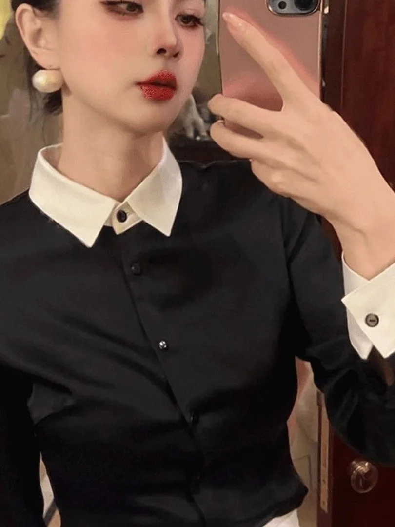 

Fall 2025 High-End Ele Bla White Splicing irt Faionable Unique Sle Premium Feel Anti-Aging Office Wear Women's irt