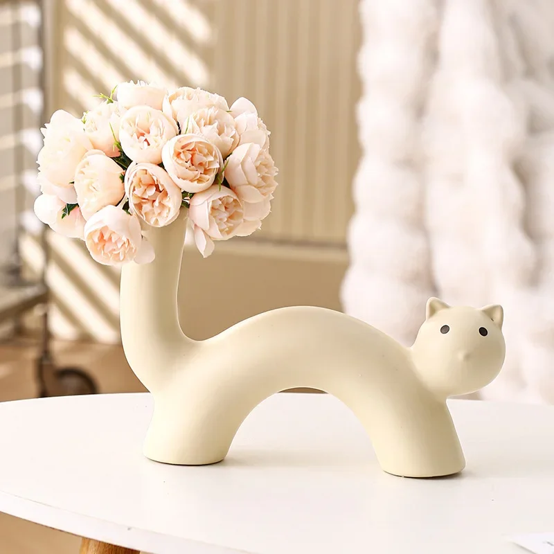 ins cream wind art ceramic vase cute cat vase flower arrangement simulation flower device living room desktop ornament
