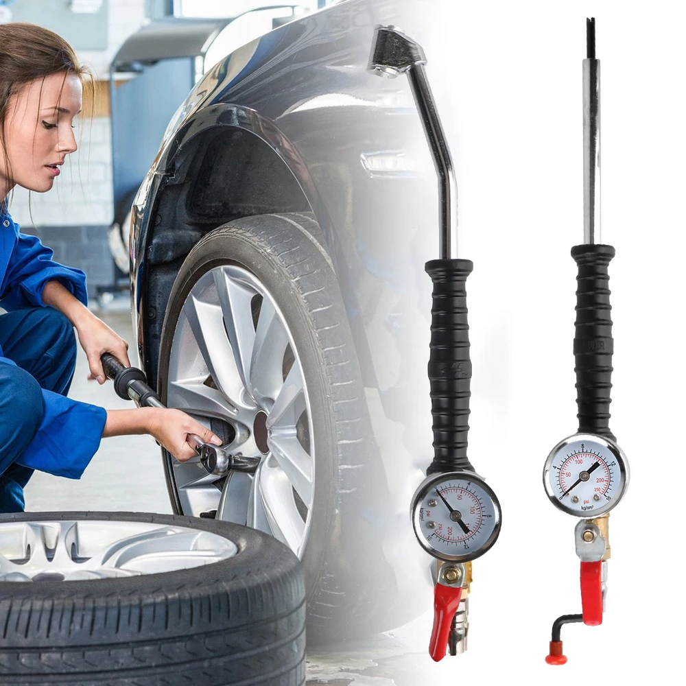 Haste de enchimento de pneus com medidor de pressão para carros, caminhões e veículos, ferramentas universais para reparo de pneus, manômetro de pneus de carro 0-15Bar/220Psi