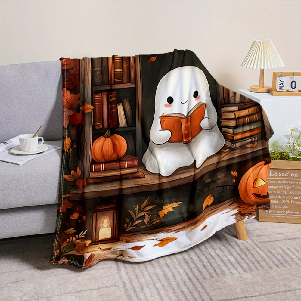 

Halloween Cute Ghost Reading Book Throw Blanket - 1pc, 100% Polyester Knitted Soft Fluffy Plush Throw for Couch, Sofa, Bed