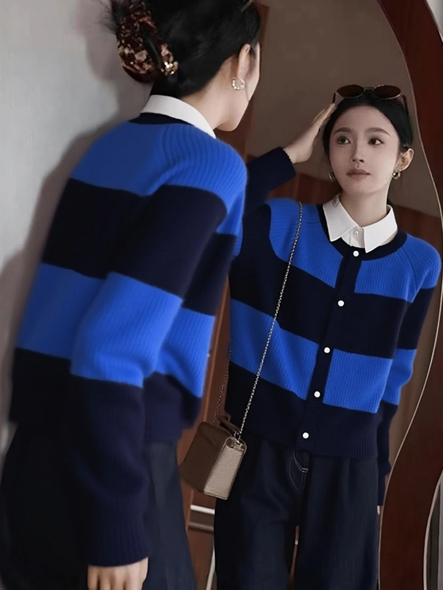 Winter Faion Long Sve Knitted Cardigan Color Blo Striped Design Camere Top Single Button Versatile Commute Sle