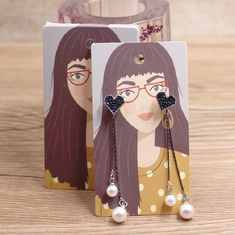 50Pcs 5x9cm White Paper Print Girl Pattern Earring Card Glasses /Brown Face Girl People Jewelry Display Packaging Cards Tags