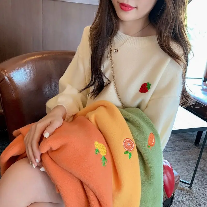 Sweet Fruits Embroidered Bottoming Shirt Women Autumn Winter Korean Loose Fashion Sweater All-match Preppy Style Knitwear Tops