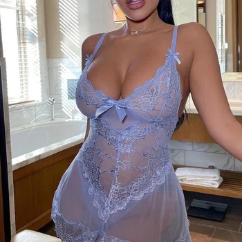 ลูกไม้ตาข่าย Nightgown ชุดชั้นในสตรีชุดนอนเซ็กซี่ Backless Suspender Nightdress Homewear ฤดูร้อน Loungewear