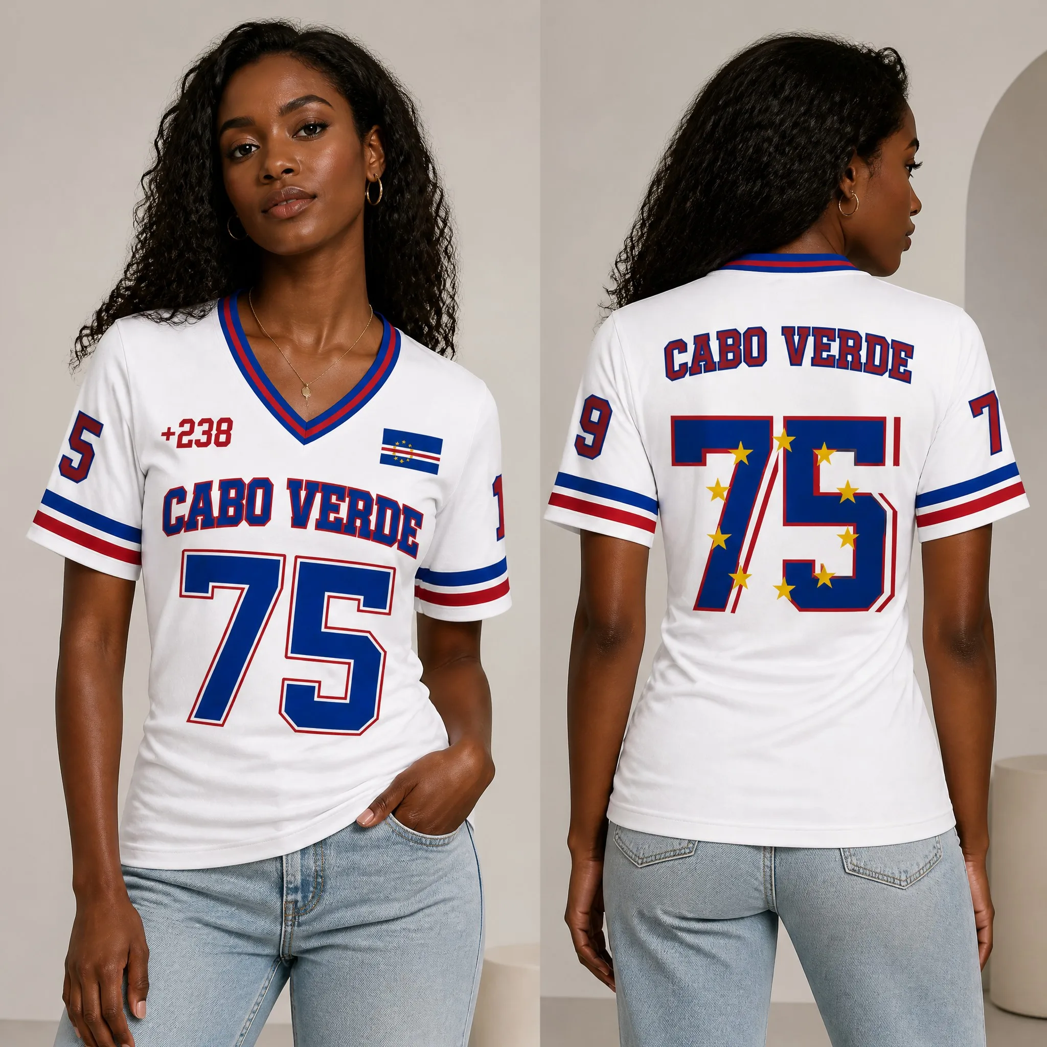 New Summer Women's V-neck Short-sleeved T-shirt, Casual Fit, Cape Verde Print, Simple Retro Sports Shirt Top