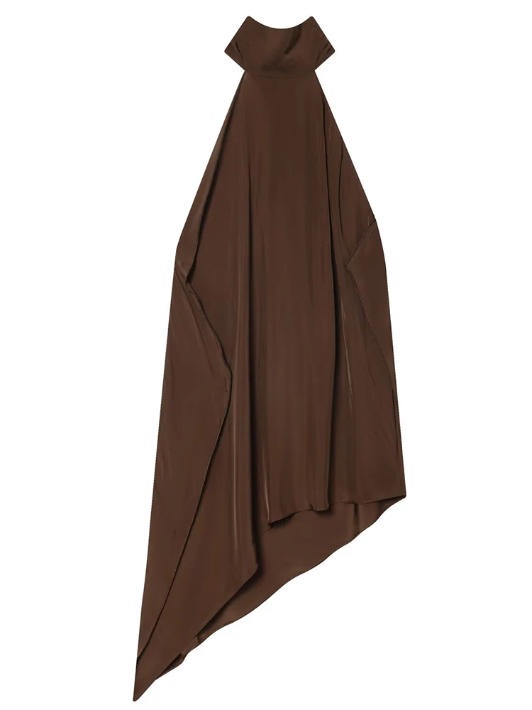 Damski top typu halter 2025, nowa moda damska, jednolity kolor, bez pleców, bez rękawów, asymetryczny dół, seksowny i elegancki top typu halter.