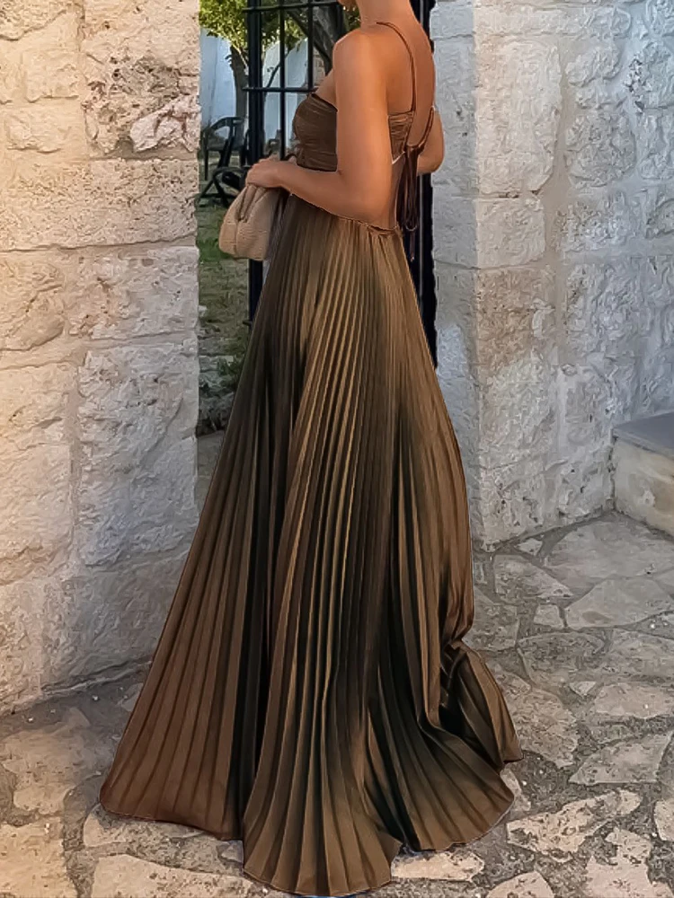 Sleeveless Hollow Sexy Simple Maxi Dress, Summer Women Strapless Lace-Up Chic Party Dress, 2025 Patchwork Fashion Ladies Dress