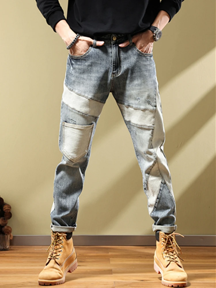 

New Fashion Stitching Jeans High Street Elastic Slim Men's Small Foot Pants Hip Hop Mid-Waist Clothing